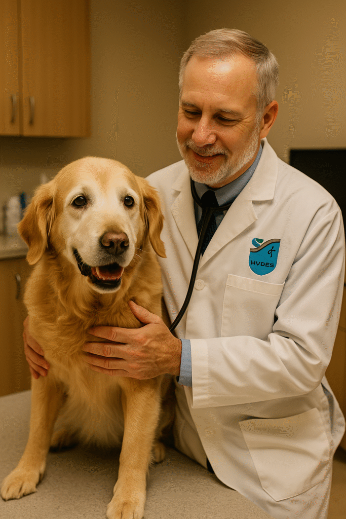 Veterinario del Hospital Veterinario de Especialidades Sinaí realizando un chequeo geriátrico a un perro senior en una consulta cálida y profesional.