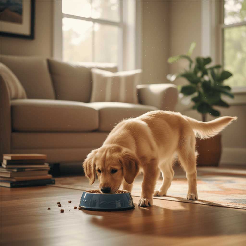 Cachorro comiendo de su plato en una sala iluminada, ilustrando la importancia de una alimentación adecuada, raciones correctas y buena nutrición en la etapa de crecimiento