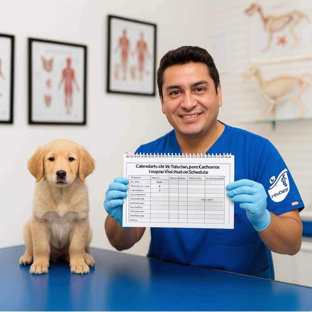 Veterinario mostrando un calendario de vacunación para cachorros junto a un perro pequeño en una clínica veterinaria, explicando la importancia de seguir el esquema de vacunas