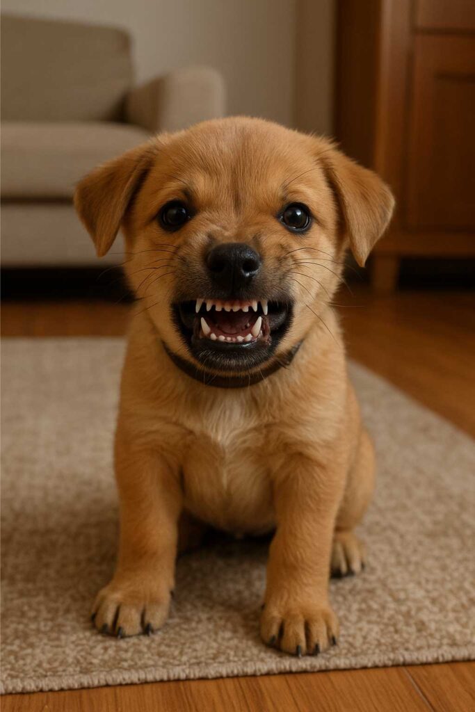 Cachorro mostrando sus dientes mientras atraviesa la etapa de dentición, ilustrando el proceso natural de mordisqueo y aprendizaje.