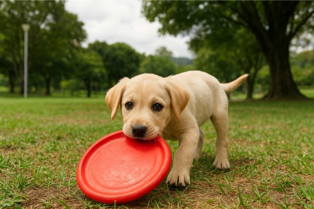 Cachorro jugando con un frisbee en un parque, ilustrando la importancia del ejercicio y la actividad física diaria para su desarrollo saludable