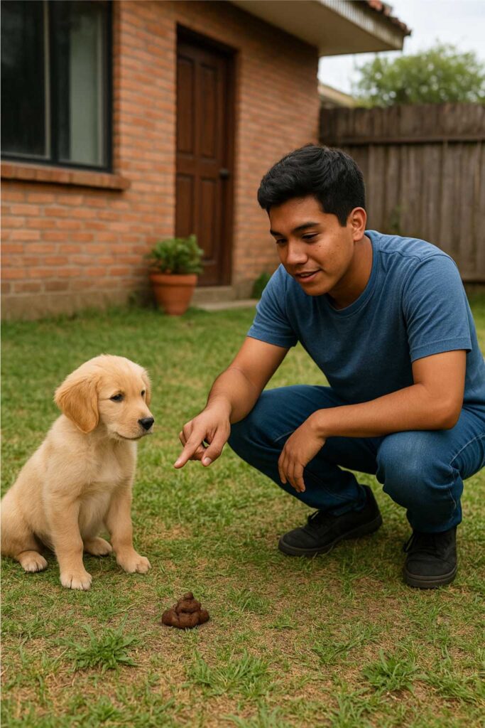 Persona entrenando a un cachorro en el jardín para enseñarle el lugar adecuado donde hacer sus necesidades como parte del control de esfínteres