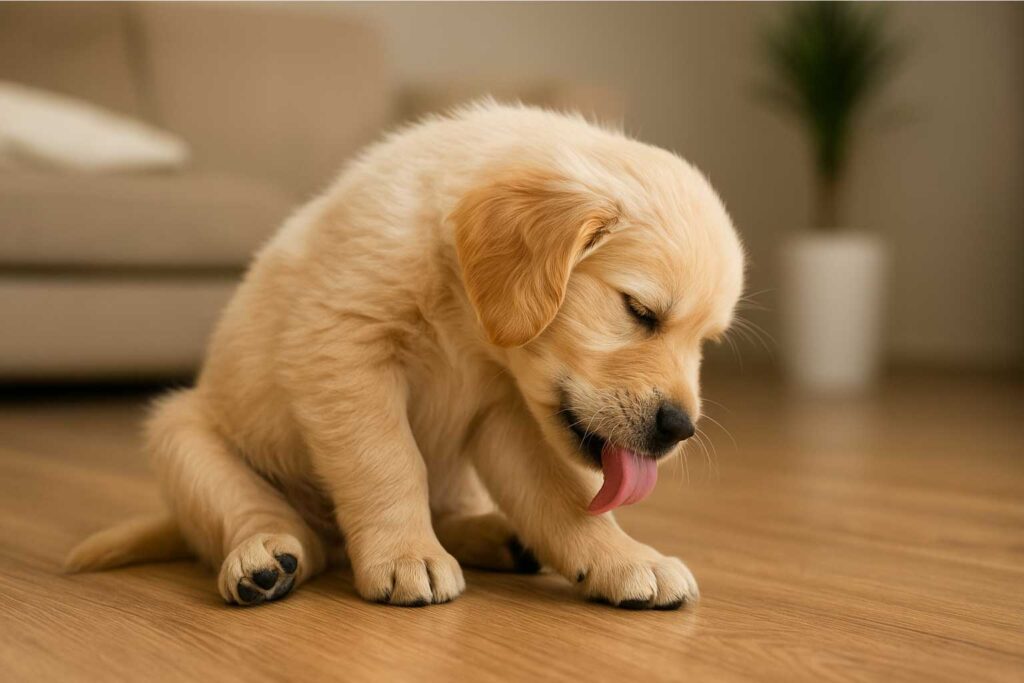 Cachorro lamiendo su pata mientras se acicala, representando la importancia de la higiene y el cuidado del pelaje para mantenerlo limpio y saludable