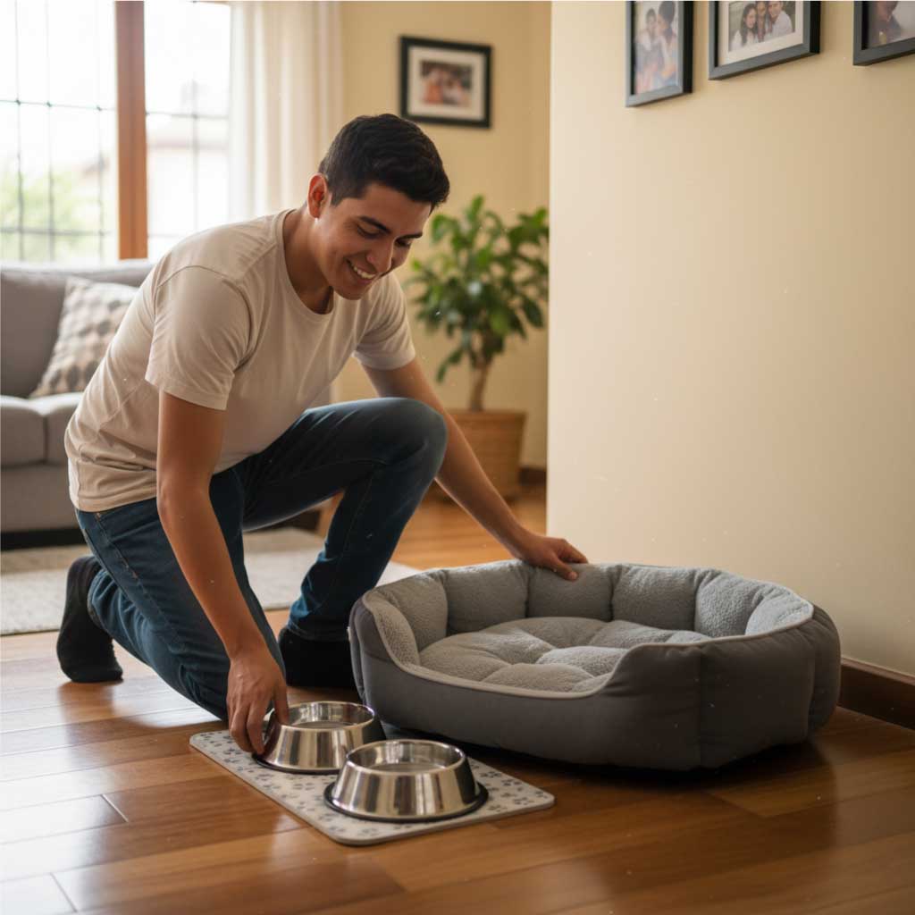 Persona preparando la cama y los platos de comida y agua para la llegada de un cachorro, mostrando cómo acondicionar el hogar antes de recibirlo