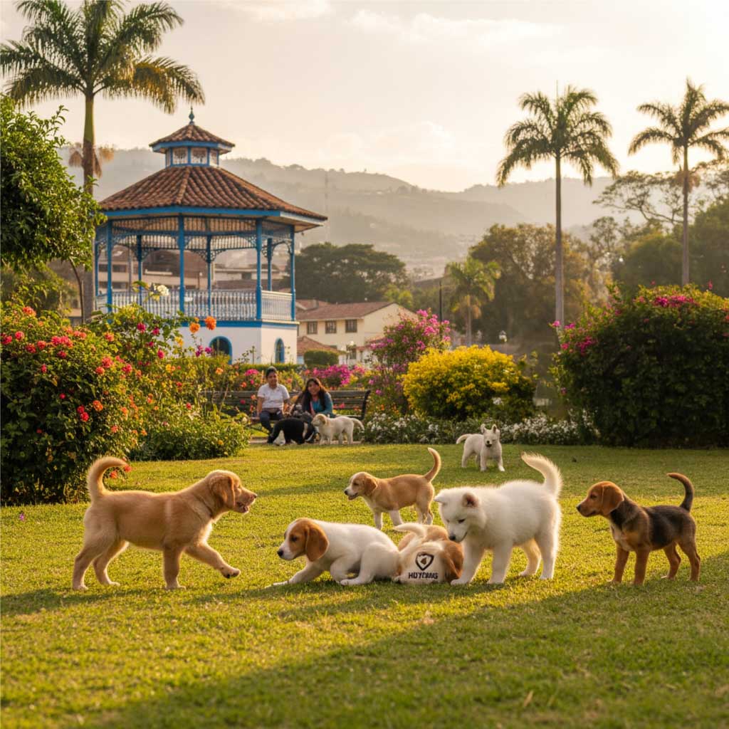 Grupo de cachorros jugando juntos en un parque rodeado de naturaleza, representando la importancia de la socialización y la educación temprana para formar perros equilibrados