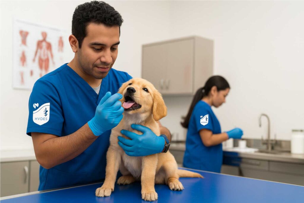 Veterinario examinando a un cachorro en una clínica mientras una asistente prepara material, como parte de una guía sobre desparasitación en cachorros y prevención de parásitos.