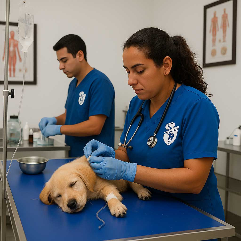 Veterinarios atendiendo a un cachorro enfermo en una clínica mientras le aplican tratamiento, representando el diagnóstico y cuidado del parvovirus canino